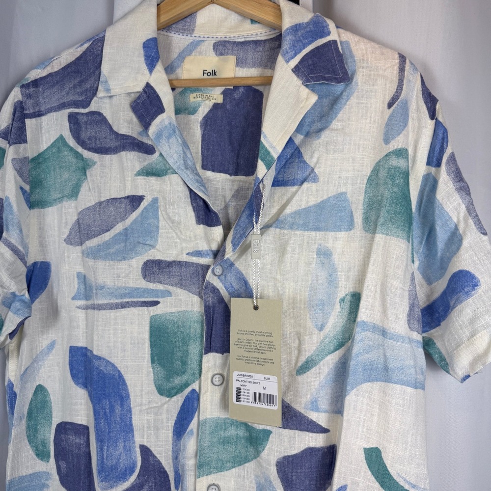 Folk Palcont Short Sleeve Shirt Blue Abstract Linen Blend JMK/BR/3655 Mens M NWT